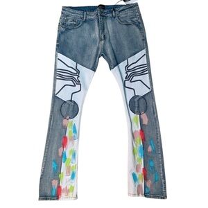 Sz Various Stylish hand painted Blue and White Men's stack Jeans